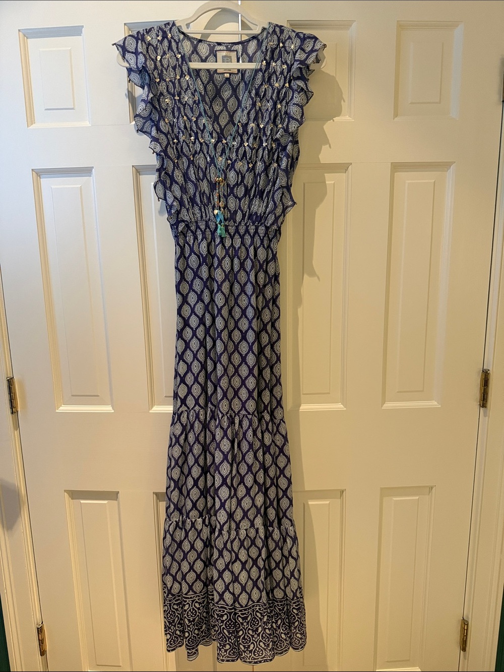 HUNTER BELL Blue and White Printed Maxi Dress with Tassel Tie